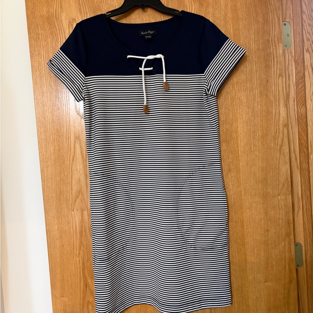 Charlie Paige Navy and White Striped Midi Dress